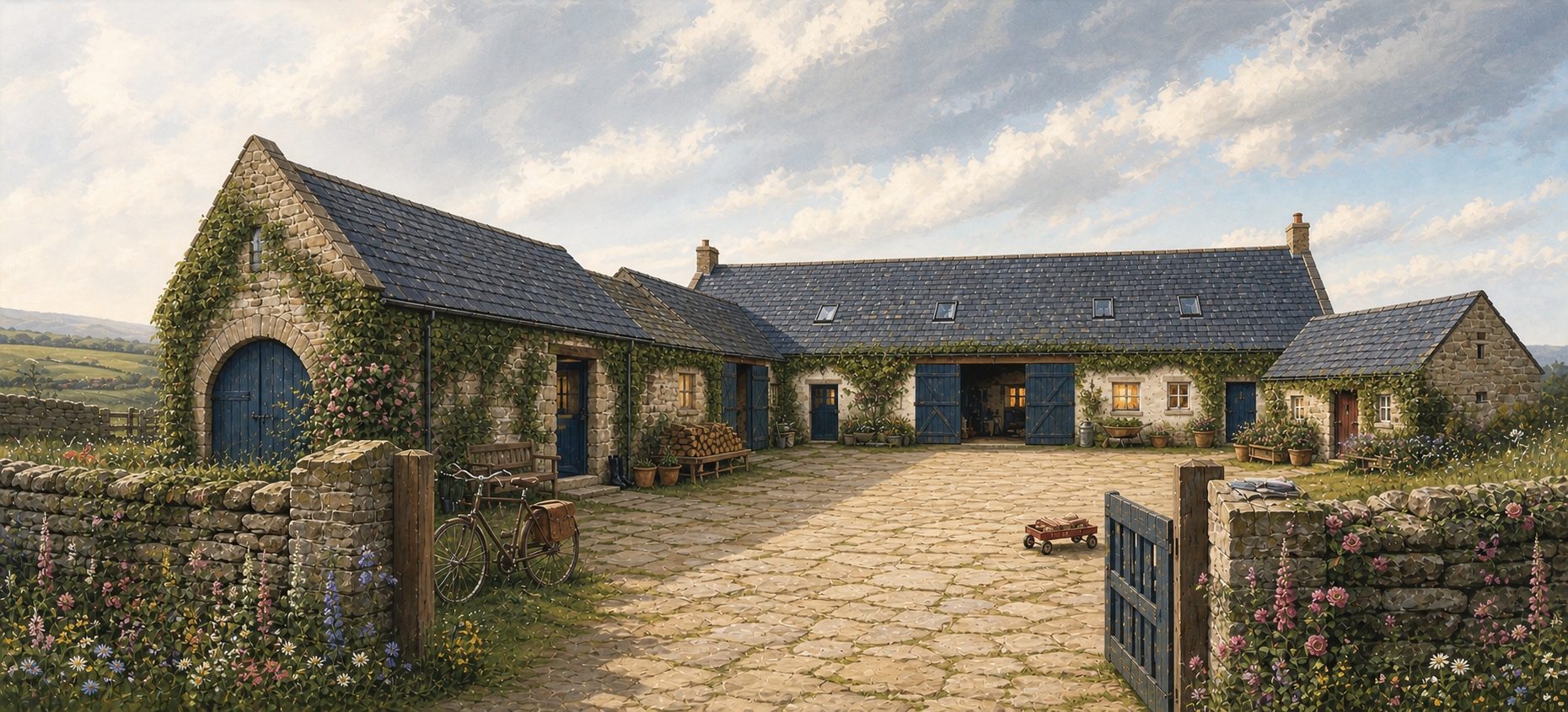 The Steading courtyard — a Scottish farmstead of stone buildings around a shared yard